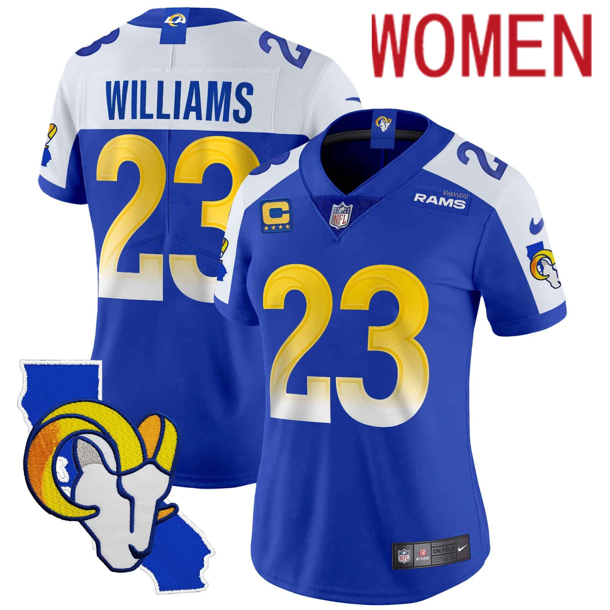 Women Los Angeles Rams #23 Williams Blue 2024 Nike California Patch Vapor Limited NFL Jersey->women nfl jersey->Women Jersey